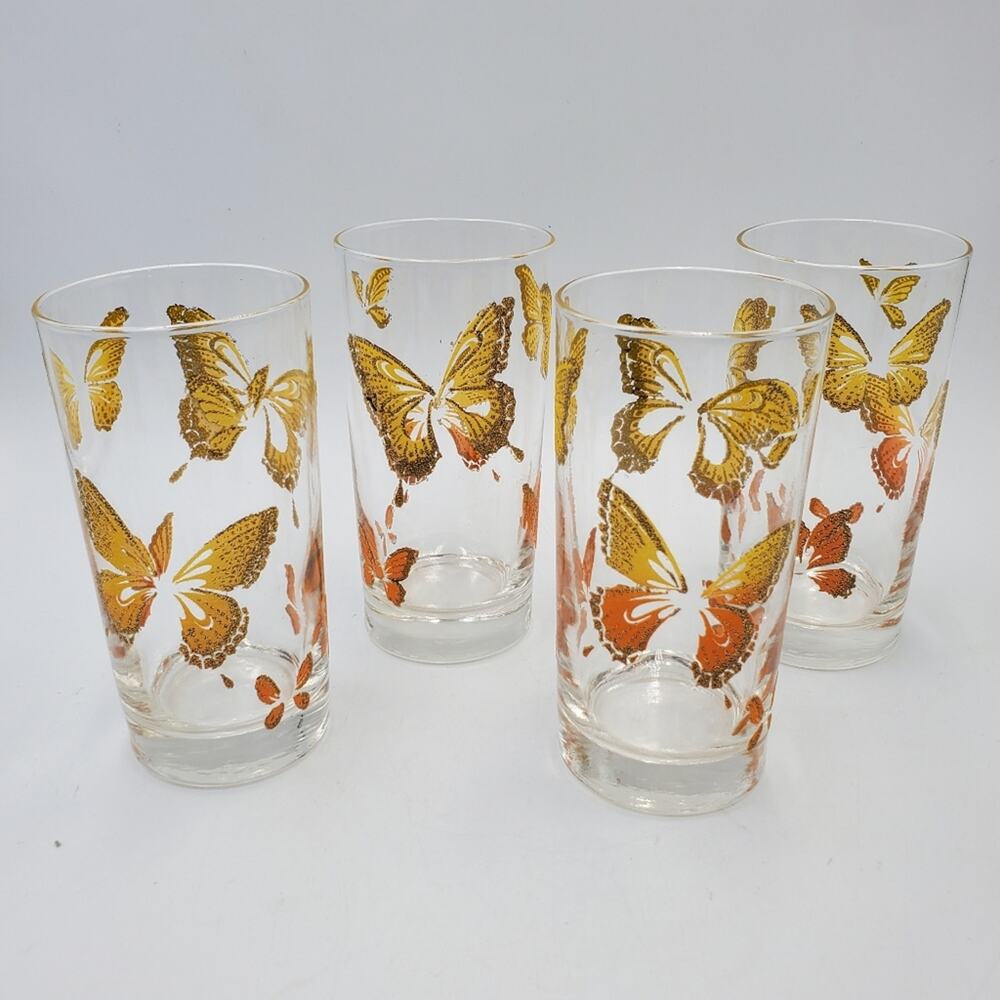 Libbey Vintage 70s Gold Embossed Highball‎ Butterfly Tumblers Set of 4 Fairy